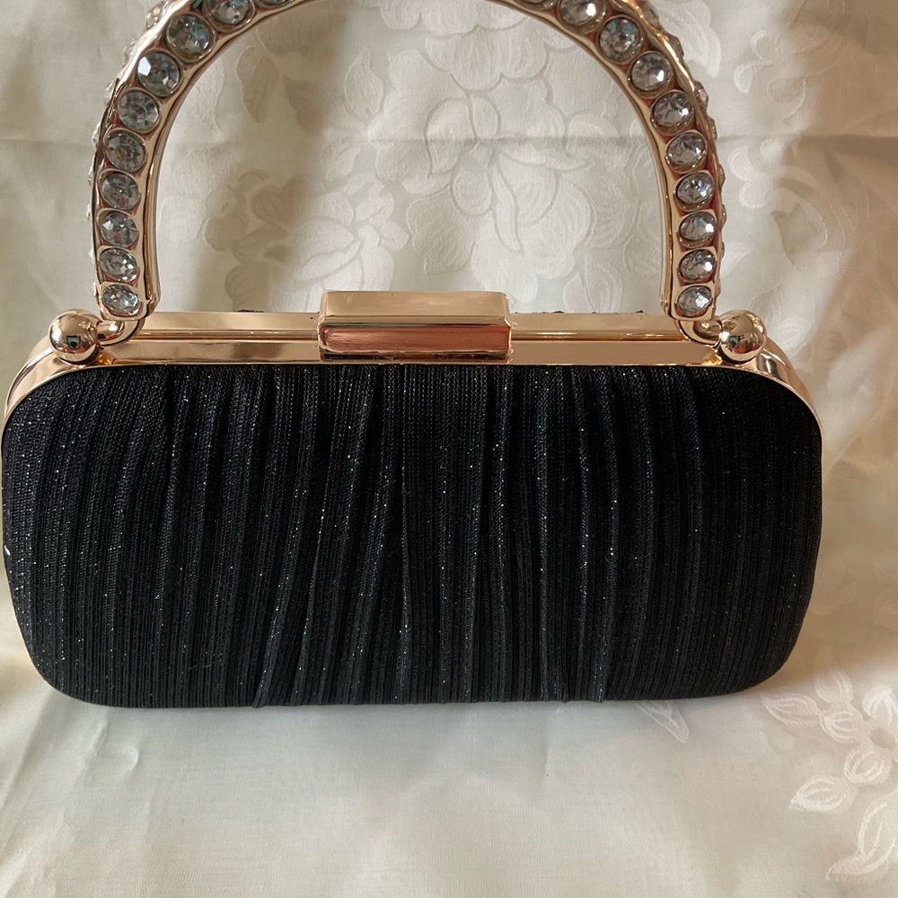 YYW Elegant Black Clutch with Rhinestone Handle and Clasp. NWT - Picture 2 of 5